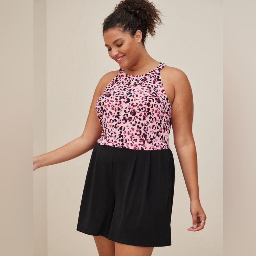 NWT Leopard Pink Studio Knit Goddess Neck Romper Size 4X